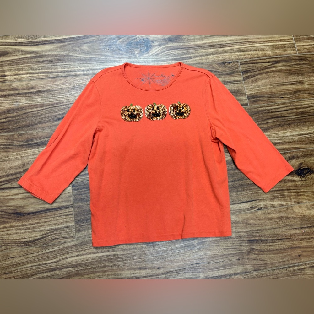 Coral Bay Halloween orange sequin pumpkins 3/4 sleeves shirt, size large